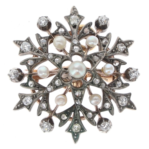 384 - Diamond Pearl Starburst Gold and Silver Brooch Pendant, 12.9g