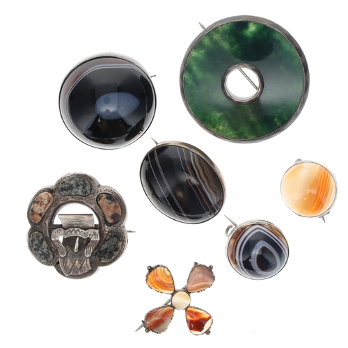 388 - Antique Silver Brooch Collection including Agate, Scottish Revival, Hard Stone, 101g