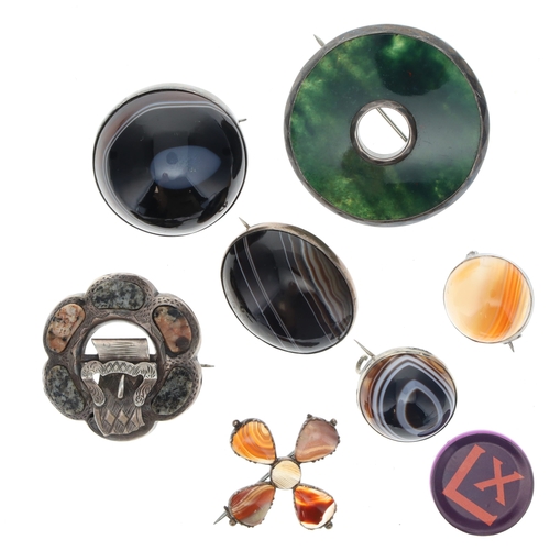 388 - Antique Silver Brooch Collection including Agate, Scottish Revival, Hard Stone, 101g