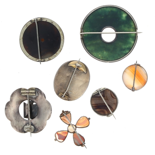 388 - Antique Silver Brooch Collection including Agate, Scottish Revival, Hard Stone, 101g