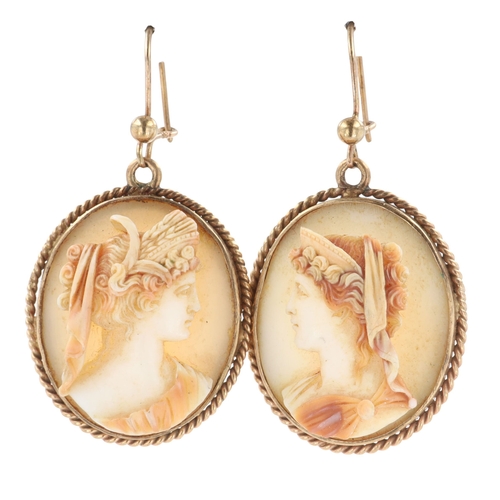391 - Shell Cameo Gold Drop Earrings, 9.8g