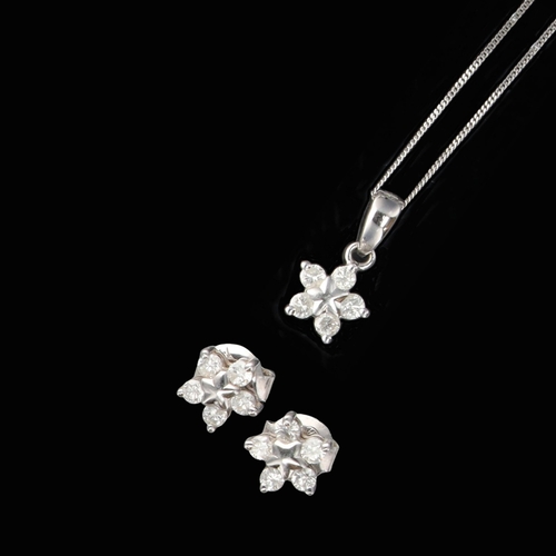 392 - Diamond Flower White Gold Earrings and Necklace Set, 2.3g