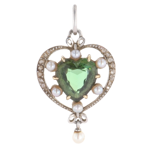 394 - Diamond, Pearl and Tourmaline Gold and Platinum Pendant, 3.3g