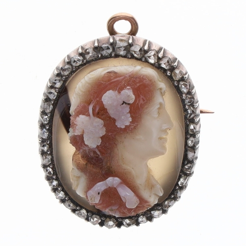 396 - Agate Cameo Gold and Silver Brooch with Diamond Frame, 14.5g