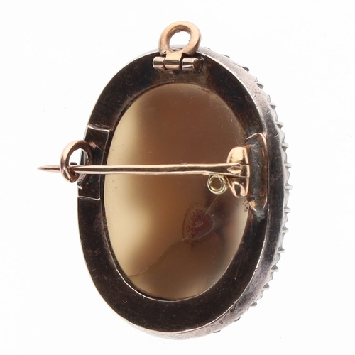 396 - Agate Cameo Gold and Silver Brooch with Diamond Frame, 14.5g
