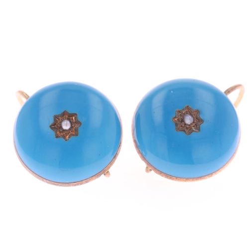 400 - Split Pearl Blue Enamel Gold Earrings, 4.9g