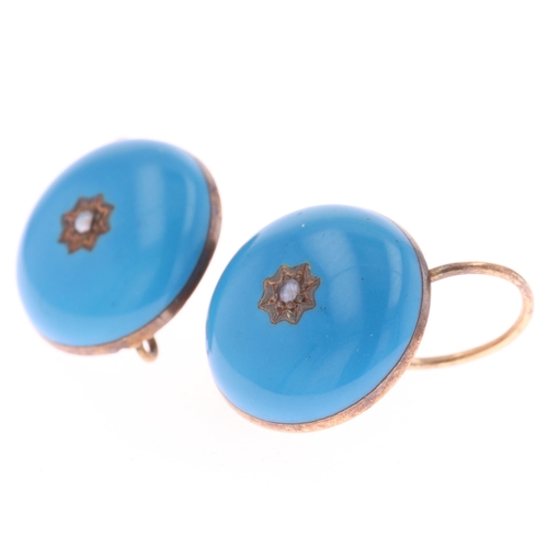 400 - Split Pearl Blue Enamel Gold Earrings, 4.9g