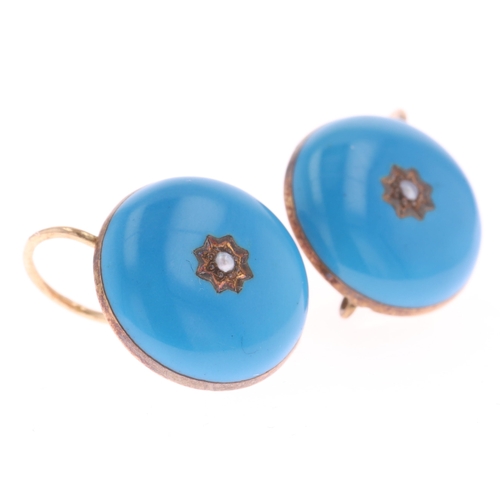 400 - Split Pearl Blue Enamel Gold Earrings, 4.9g
