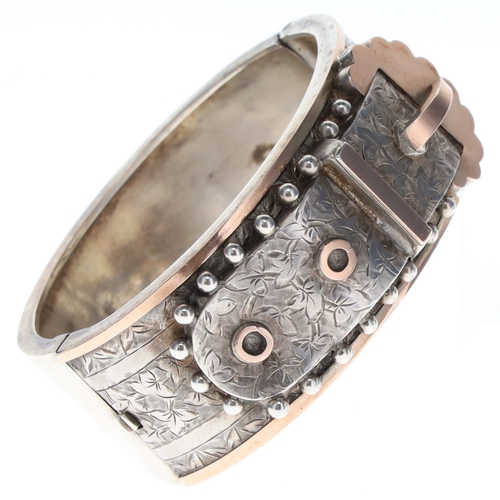 405 - Antique Silver Hinged Buckle Bangle with Gold Accents, Victorian Aesthetic, 42.6g