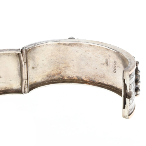 405 - Antique Silver Hinged Buckle Bangle with Gold Accents, Victorian Aesthetic, 42.6g