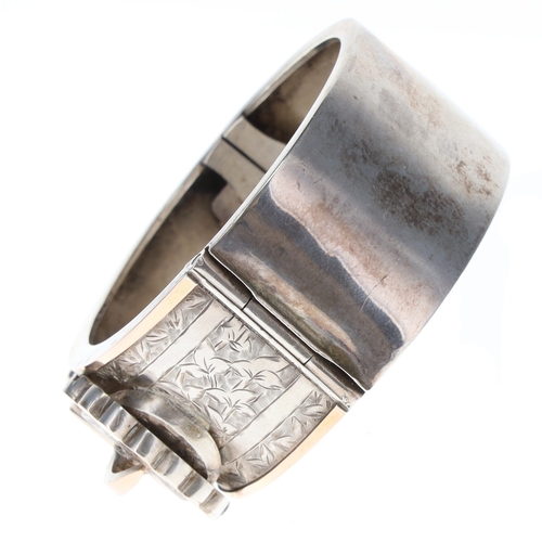 405 - Antique Silver Hinged Buckle Bangle with Gold Accents, Victorian Aesthetic, 42.6g