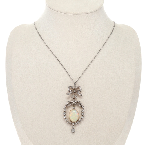 412 - Antique Opal Cabochon Diamond Necklace with Box, 9.6g