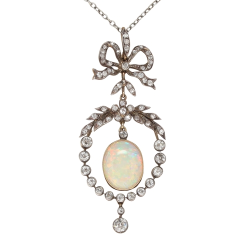412 - Antique Opal Cabochon Diamond Necklace with Box, 9.6g