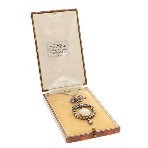 412 - Antique Opal Cabochon Diamond Necklace with Box, 9.6g
