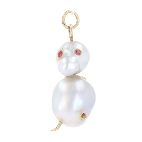 415 - Novelty Baroque Pearl Ruby Duck Gold Pendant, 2.5g