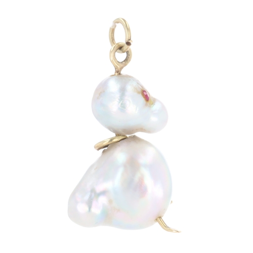 415 - Novelty Baroque Pearl Ruby Duck Gold Pendant, 2.5g
