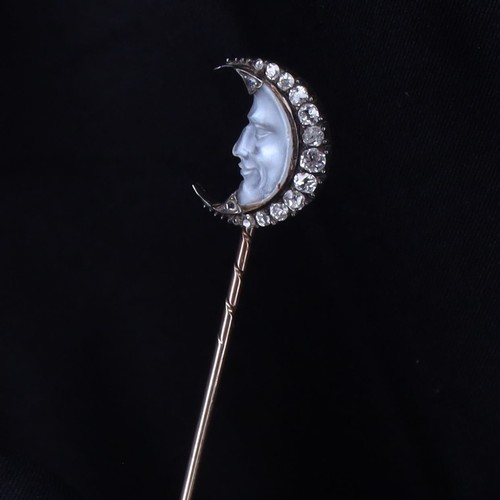 Antique Carved Moonstone Old Mine Cut Diamond Gold and Silver Stick Pin, 1.9g