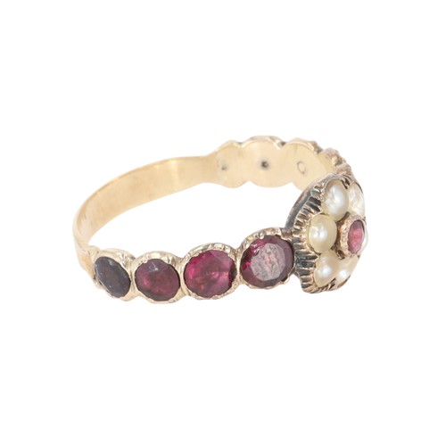 418 - Antique Flat Cut Garnet Split Pearl Cluster Ring, 1.8g