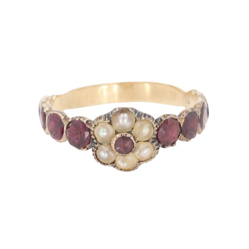 418 - Antique Flat Cut Garnet Split Pearl Cluster Ring, 1.8g