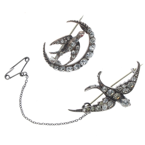 Antique and Later Silver Paste Swallow and Crescent Moon Brooches, 13.6g