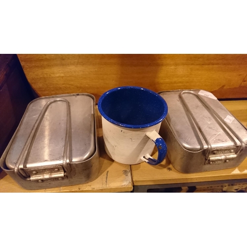 334 - 2 camping cans and enamel mug