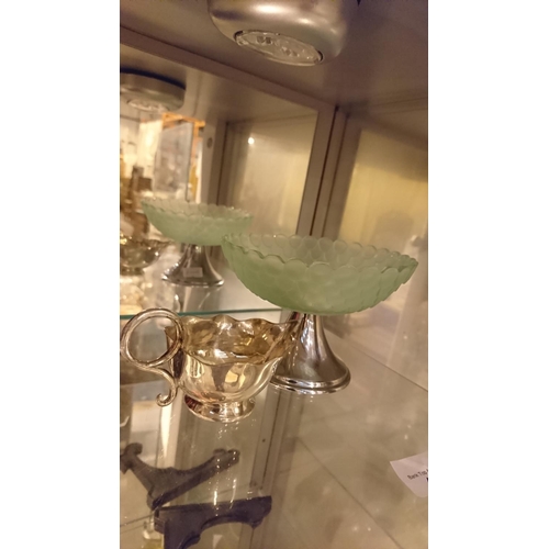 414 - Glass dish on plated stand and small plated jug