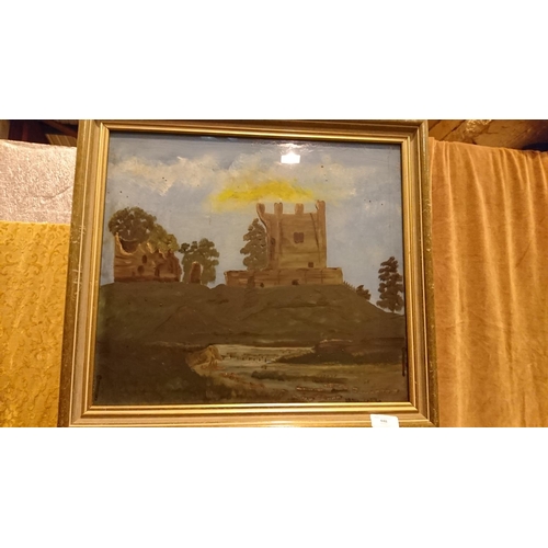 448 - Oil on glass picture of a castle