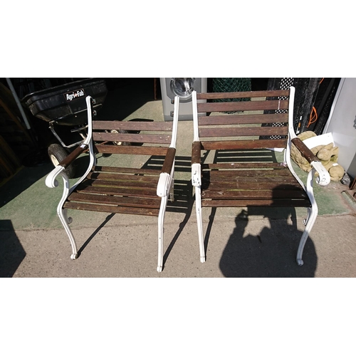 3 - 2 cast iron and wood garden chairs