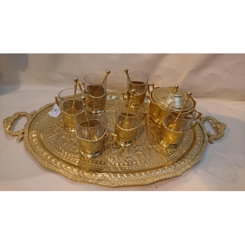 532 - Gilt Metal Turskish Coffee set - Tray, Sugar bowl, 6 glass cups with gold metal holders with spoons.