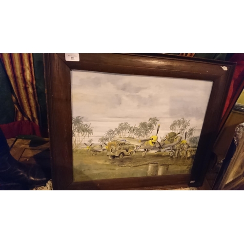 677 - framed oil picture of american war plane fuelling on an island