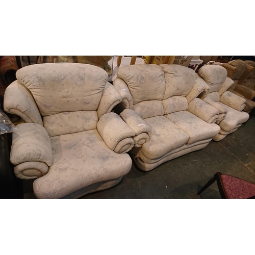 723 - 2 Seater cream sofa flower design plus 2 chairs