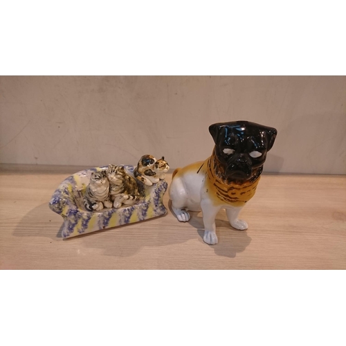 417 - Russian china dog and studio pottery cats