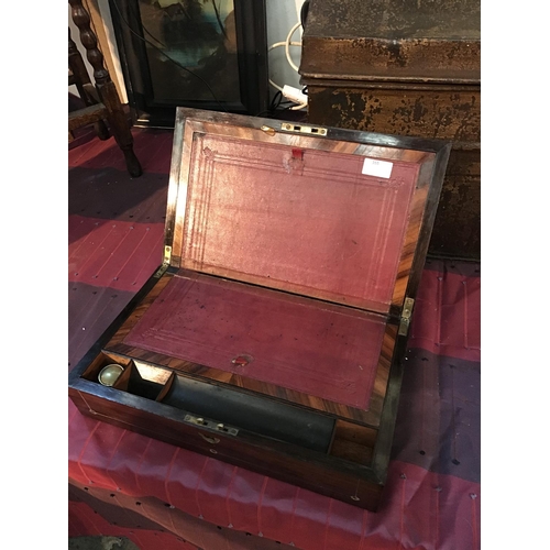 355 - Victorian writing slope with mother of pearl inlay and complete with ink bottle.