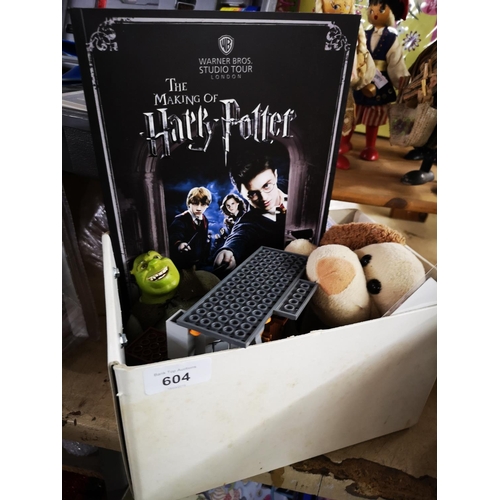 604 - Harry potter book, shrek figure and small cuddly toy