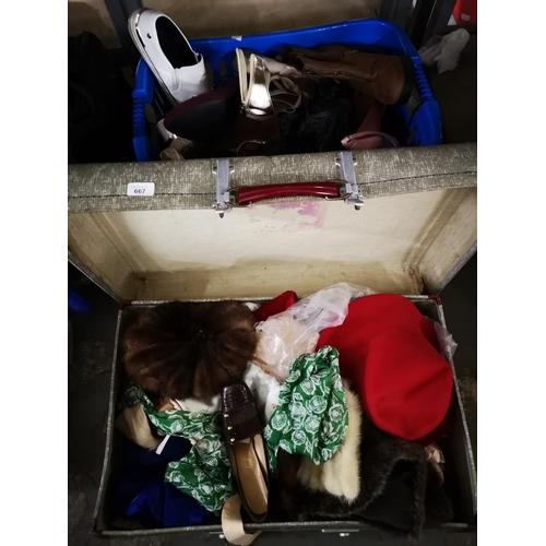 667 - Suite case and washing basket inc items such as shoes, hats etc.