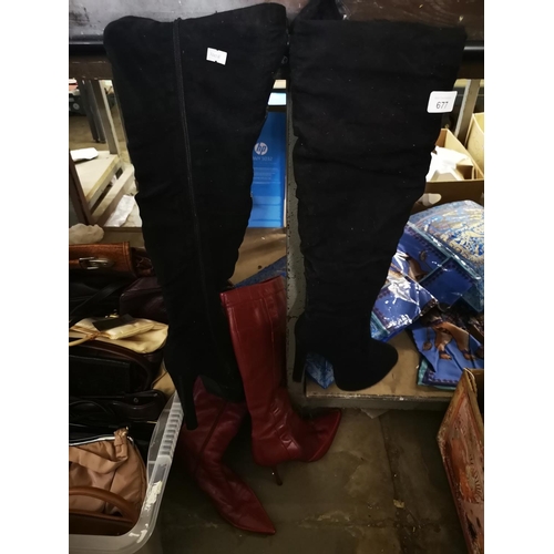 677 - Black  suede thigh high boots and red leather style