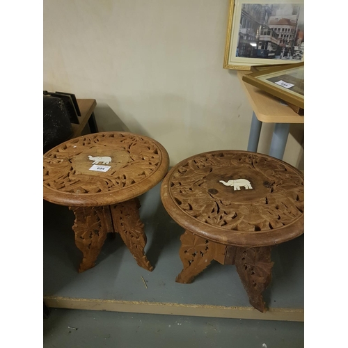 654 - Pair of small Indian occasional tables, carved and inlaid with elephants