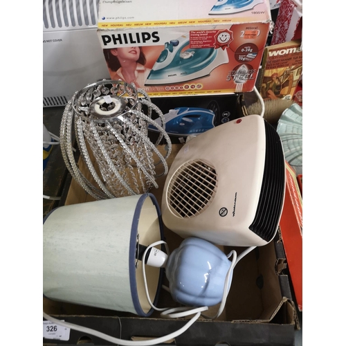 326 - Collection of household items incl. lamp, shade, two irons and electric winterwarm heater