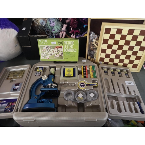 355 - Childrens Micro-Science Microscope set in case incl. some slides and vials, picture letter dominoes ... 