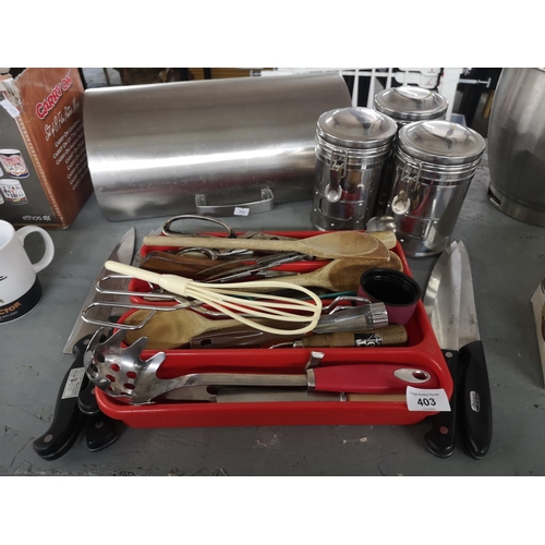 403 - Collection of kitchen items incl. Metal storage jars designed by David Birch, bread bin, utensils an... 