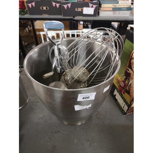 406 - Metal mixing bowl with fittings for electric mixer and Prestige hand mixer