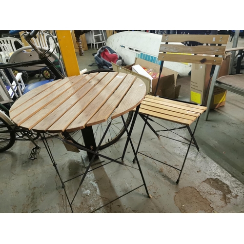 113 - Round wooden slatted top bistro style table and matching chair