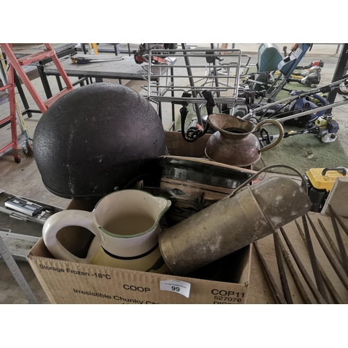 99 - Small chrome rack, riding hat, ceramic jug and small bowl