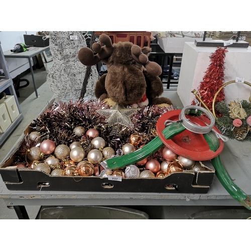 237 - Brown reindeer soft toy and box of xmas tree baubles