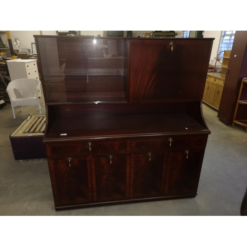 635 - Dark wooden veneered sideboard with four cupboard doors two drawers glass fronted display shelf and ... 