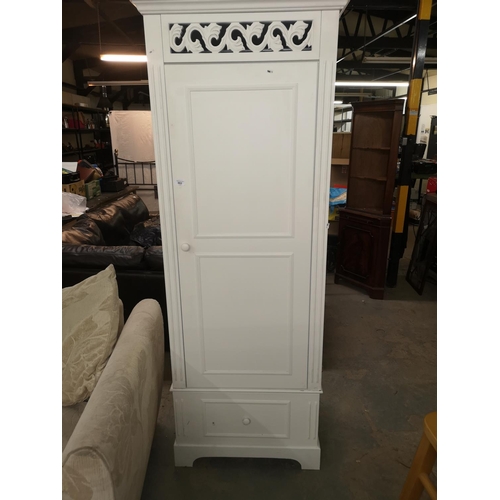 662 - Tall single white wardrobe with drawer, comes in two sections, 67 x 54 x 200 cm approx. Please note ... 