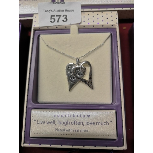 573 - Equilibrium new boxed silver plated heart pendant necklace, engraved 