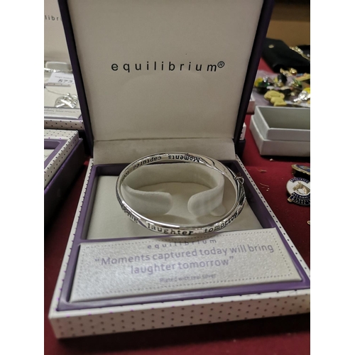 577 - Equilibrium new boxed silver plated bangle with charm, engraved 