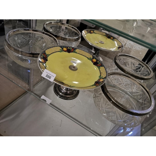 596 - Vintage yellow cake stand and two glass bowls with epns rims.