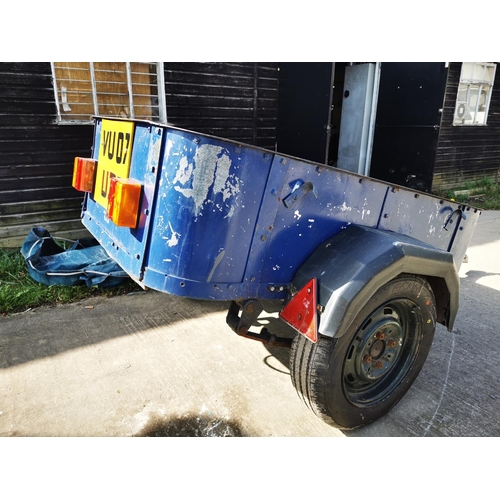 5 - Full bodied blue metal trailer 4.6ftx3ft approx with tow hitch, jockey wheel, waterproof cover, good... 